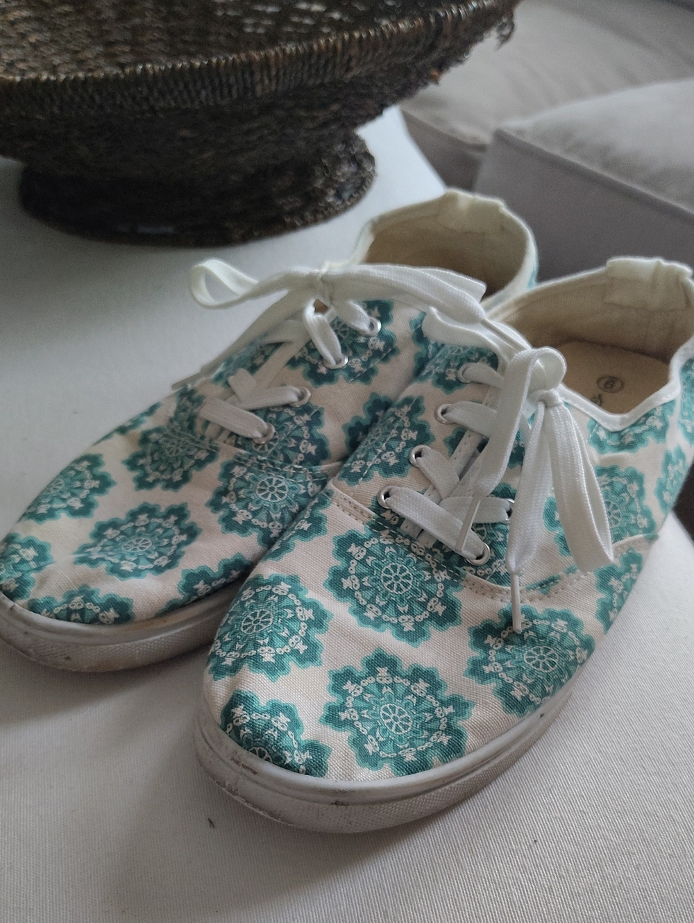 Sole Mates White Canvas Sneakers with Teal Floral Print. Cushion Comfort Inside.